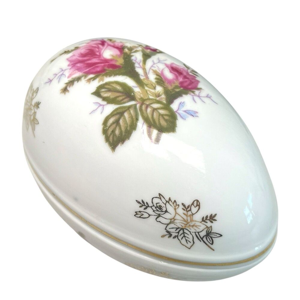 Vintage Lefton China Porcelain Easter Egg Shaped Trinket Box Floral Hand Painted